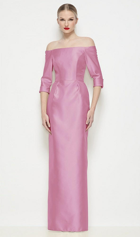 Front View - Powder Pink Off-the-Shoulder 3/4 Sleeve Column Satin Maxi Dress