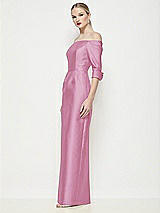 Side View Thumbnail - Powder Pink Off-the-Shoulder 3/4 Sleeve Column Satin Maxi Dress