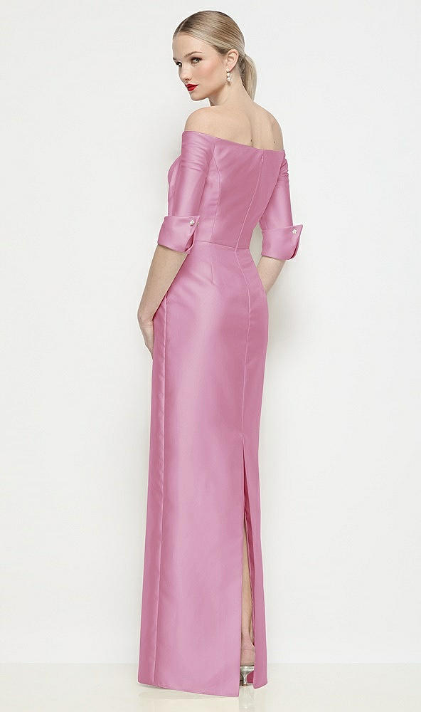 Back View - Powder Pink Off-the-Shoulder 3/4 Sleeve Column Satin Maxi Dress
