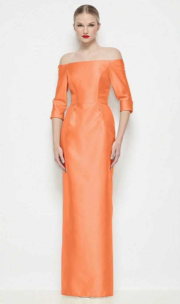 Front View - Portofino Orange Off-the-Shoulder 3/4 Sleeve Column Satin Maxi Dress