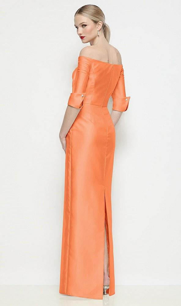 Back View - Portofino Orange Off-the-Shoulder 3/4 Sleeve Column Satin Maxi Dress