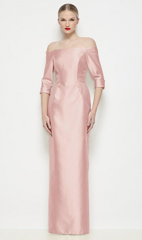 Front View - Rose Off-the-Shoulder 3/4 Sleeve Column Satin Maxi Dress