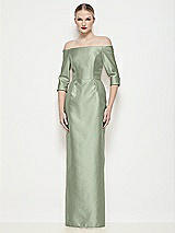 Front View Thumbnail - Sage Off-the-Shoulder 3/4 Sleeve Column Satin Maxi Dress