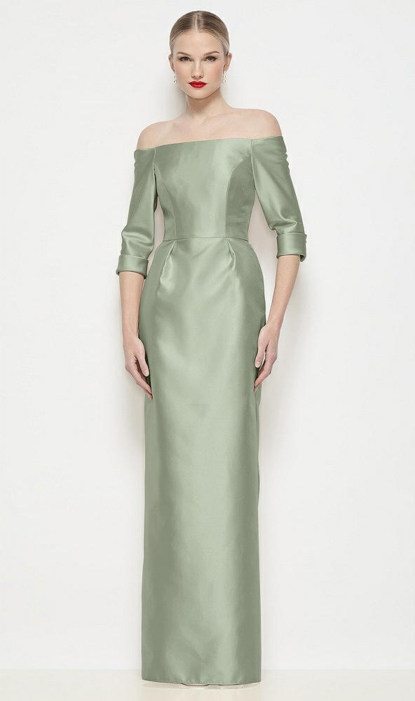 Front View - Sage Off-the-Shoulder 3/4 Sleeve Column Satin Maxi Dress