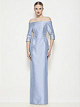 Front View Thumbnail - Sky Blue Off-the-Shoulder 3/4 Sleeve Column Satin Maxi Dress