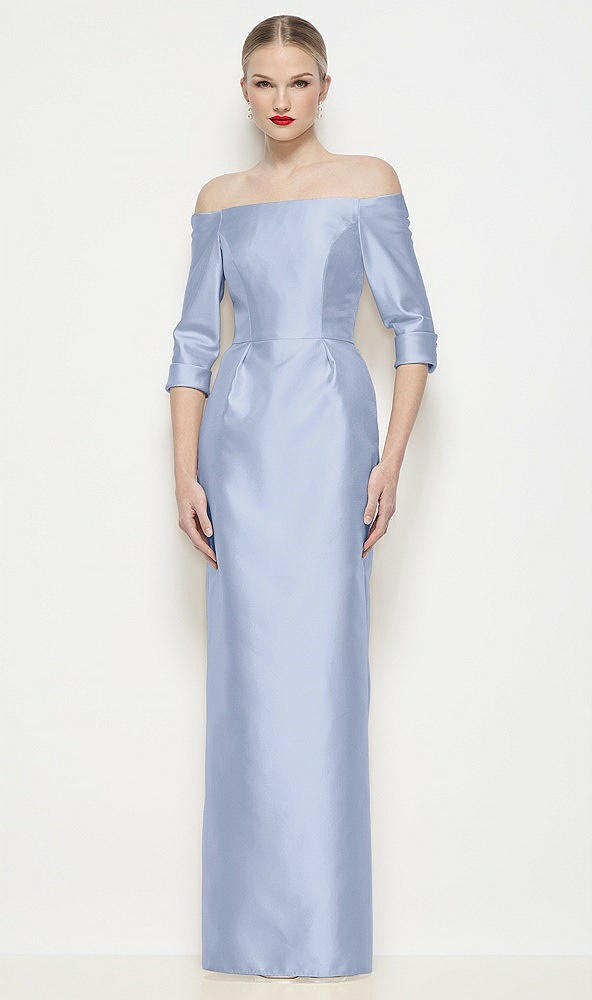 Front View - Sky Blue Off-the-Shoulder 3/4 Sleeve Column Satin Maxi Dress