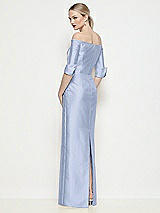 Rear View Thumbnail - Sky Blue Off-the-Shoulder 3/4 Sleeve Column Satin Maxi Dress