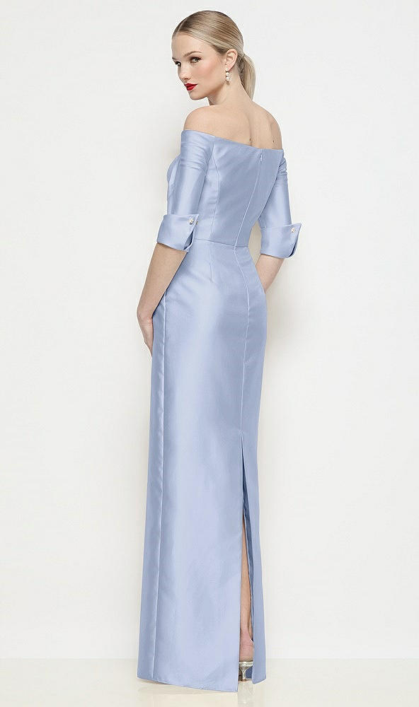 Back View - Sky Blue Off-the-Shoulder 3/4 Sleeve Column Satin Maxi Dress