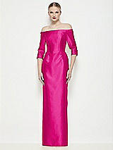 Front View Thumbnail - Think Pink Off-the-Shoulder 3/4 Sleeve Column Satin Maxi Dress