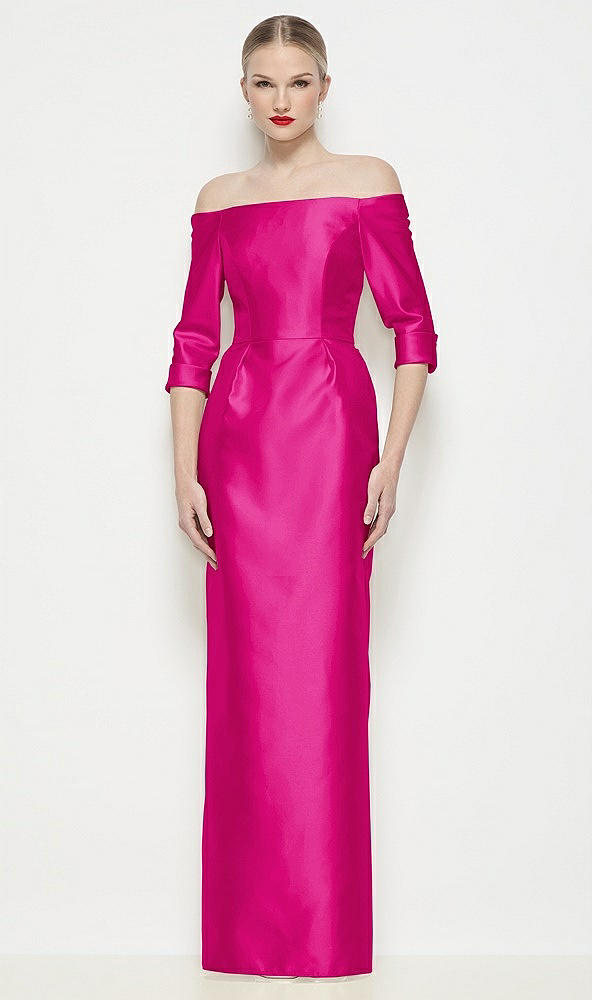 Front View - Think Pink Off-the-Shoulder 3/4 Sleeve Column Satin Maxi Dress