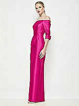 Side View Thumbnail - Think Pink Off-the-Shoulder 3/4 Sleeve Column Satin Maxi Dress