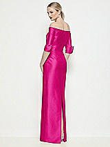 Rear View Thumbnail - Think Pink Off-the-Shoulder 3/4 Sleeve Column Satin Maxi Dress