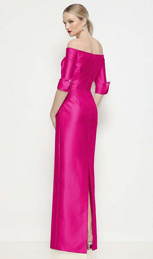 Back View - Think Pink Off-the-Shoulder 3/4 Sleeve Column Satin Maxi Dress