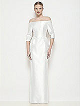 Front View Thumbnail - White Off-the-Shoulder 3/4 Sleeve Column Satin Maxi Dress