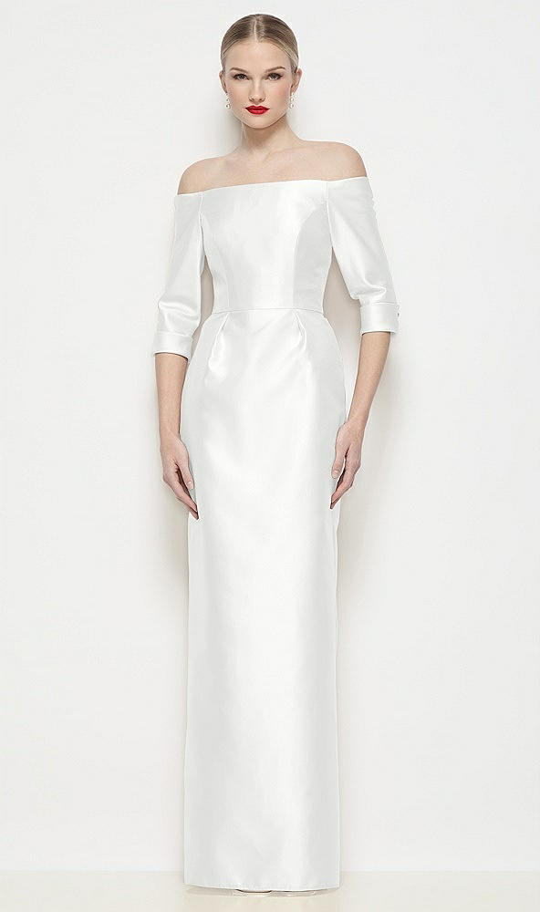 Front View - White Off-the-Shoulder 3/4 Sleeve Column Satin Maxi Dress
