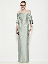 Front View Thumbnail - Willow Green Off-the-Shoulder 3/4 Sleeve Column Satin Maxi Dress