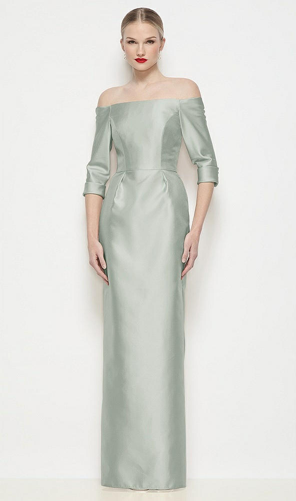 Front View - Willow Green Off-the-Shoulder 3/4 Sleeve Column Satin Maxi Dress