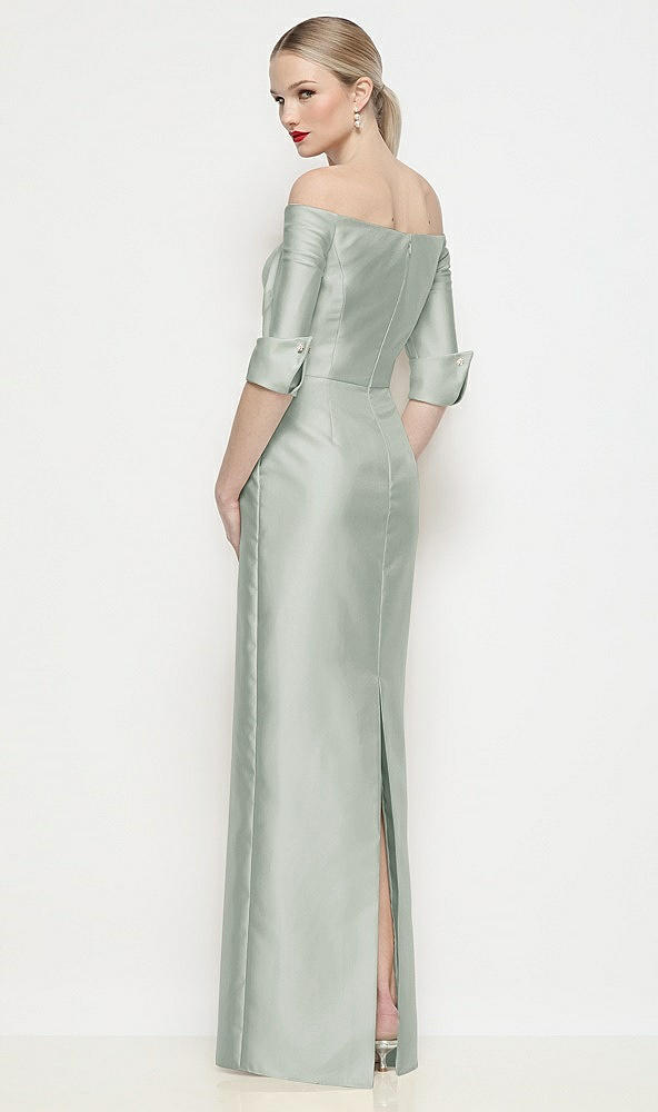 Back View - Willow Green Off-the-Shoulder 3/4 Sleeve Column Satin Maxi Dress