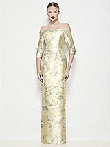 Front View Thumbnail - Butter Yellow Floral Off-the-Shoulder 3/4 Sleeve Satin Floral Maxi Dress with Column Skirt