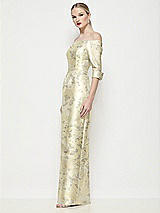 Side View Thumbnail - Butter Yellow Floral Off-the-Shoulder 3/4 Sleeve Satin Floral Maxi Dress with Column Skirt