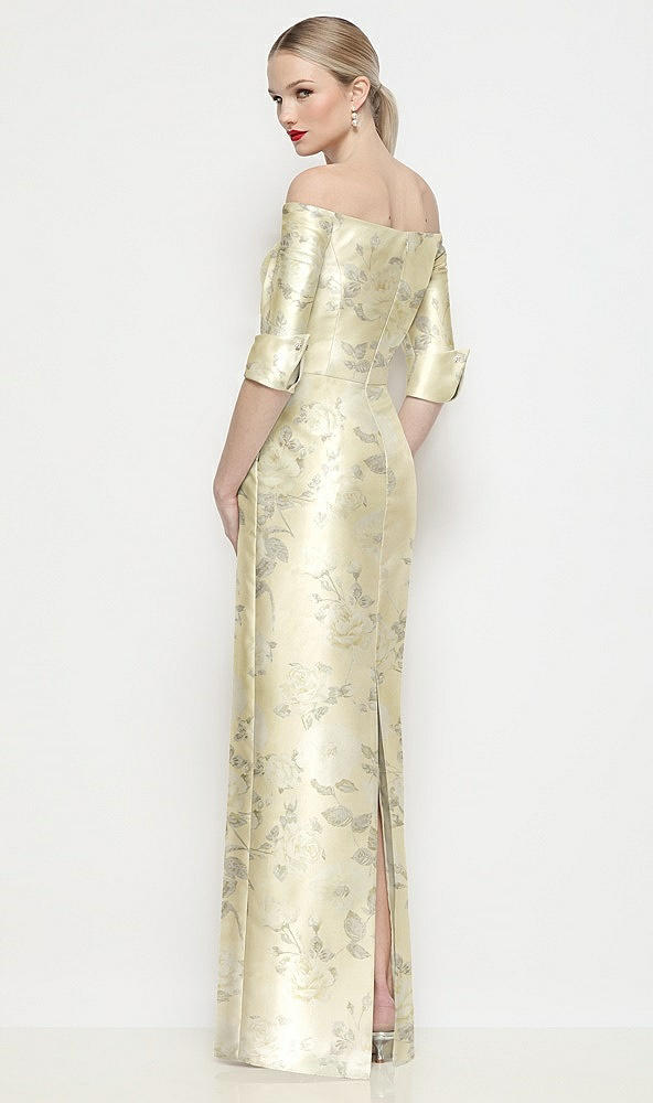 Back View - Butter Yellow Floral Off-the-Shoulder 3/4 Sleeve Satin Floral Maxi Dress with Column Skirt