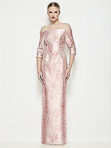 Front View Thumbnail - Bow And Blossom Print Off-the-Shoulder 3/4 Sleeve Satin Floral Maxi Dress with Column Skirt