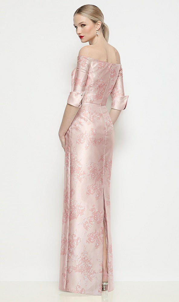 Back View - Bow And Blossom Print Off-the-Shoulder 3/4 Sleeve Satin Floral Maxi Dress with Column Skirt