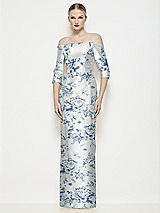 Front View Thumbnail - Cottage Rose Larkspur Off-the-Shoulder 3/4 Sleeve Satin Floral Maxi Dress with Column Skirt