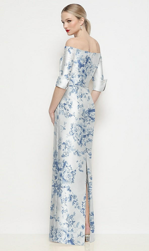 Back View - Cottage Rose Larkspur Off-the-Shoulder 3/4 Sleeve Satin Floral Maxi Dress with Column Skirt