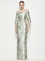 Front View Thumbnail - Sage Cottage Rose Off-the-Shoulder 3/4 Sleeve Satin Floral Maxi Dress with Column Skirt