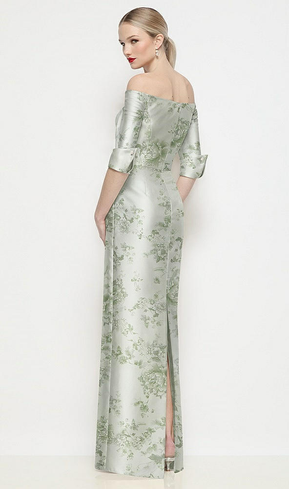 Back View - Sage Cottage Rose Off-the-Shoulder 3/4 Sleeve Satin Floral Maxi Dress with Column Skirt