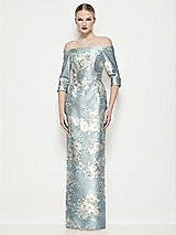 Front View Thumbnail - Porcelain Blue Seraphina Floral Off-the-Shoulder 3/4 Sleeve Satin Floral Maxi Dress with Column Skirt