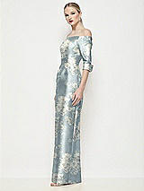 Side View Thumbnail - Porcelain Blue Seraphina Floral Off-the-Shoulder 3/4 Sleeve Satin Floral Maxi Dress with Column Skirt