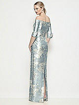Rear View Thumbnail - Porcelain Blue Seraphina Floral Off-the-Shoulder 3/4 Sleeve Satin Floral Maxi Dress with Column Skirt