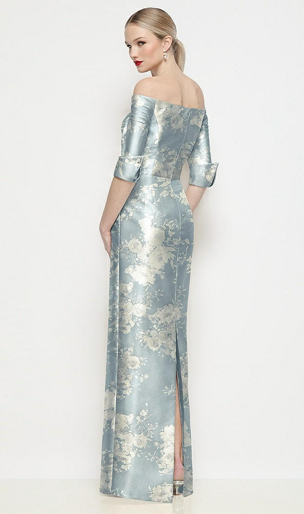 Back View - Porcelain Blue Seraphina Floral Off-the-Shoulder 3/4 Sleeve Satin Floral Maxi Dress with Column Skirt