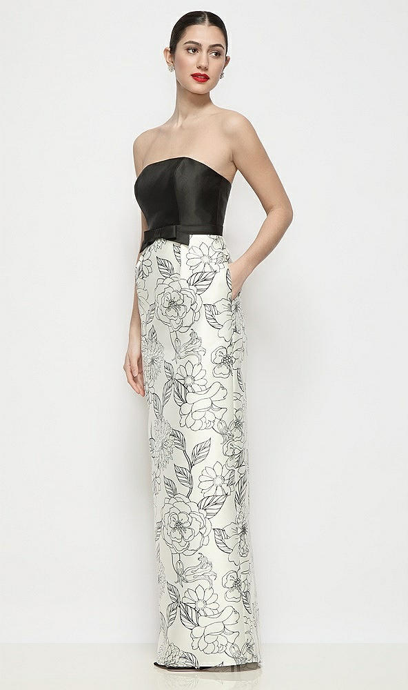 Front View - Black / Botanica Strapless Satin Maxi Dress with Black and White Floral Column Skirt