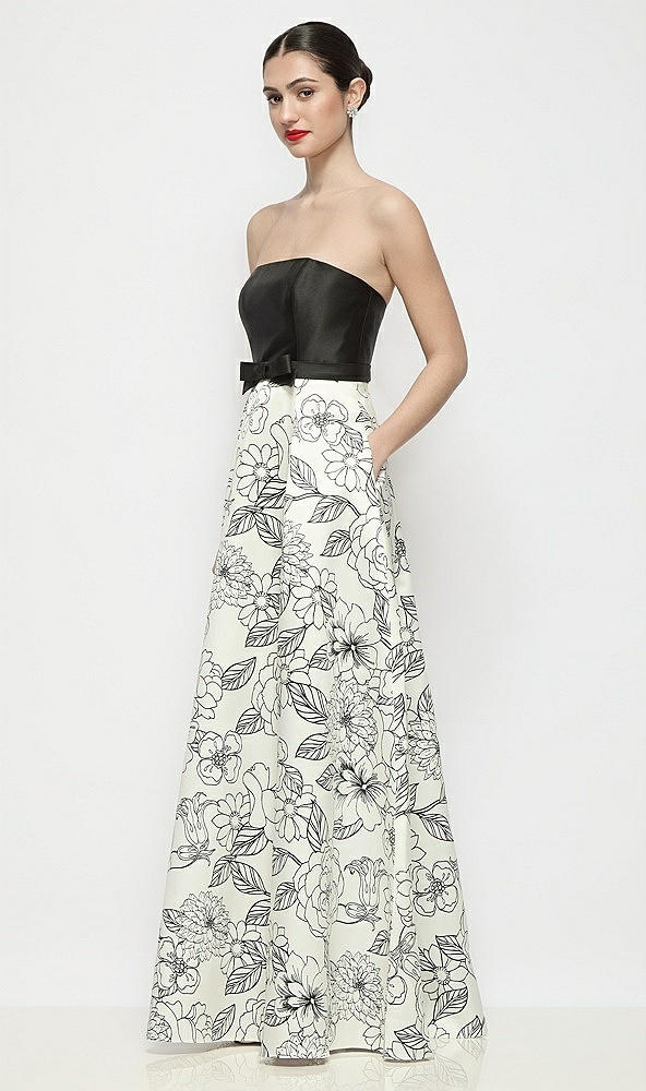 Front View - Black / Botanica Strapless Satin Maxi Dress with Black and White Floral Circle Skirt