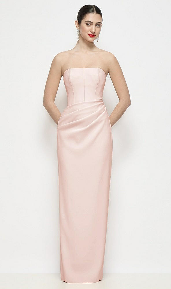 Front View - Blush Strapless Asymmertical Drop Waist Corset Maxi Dress with Column Skirt