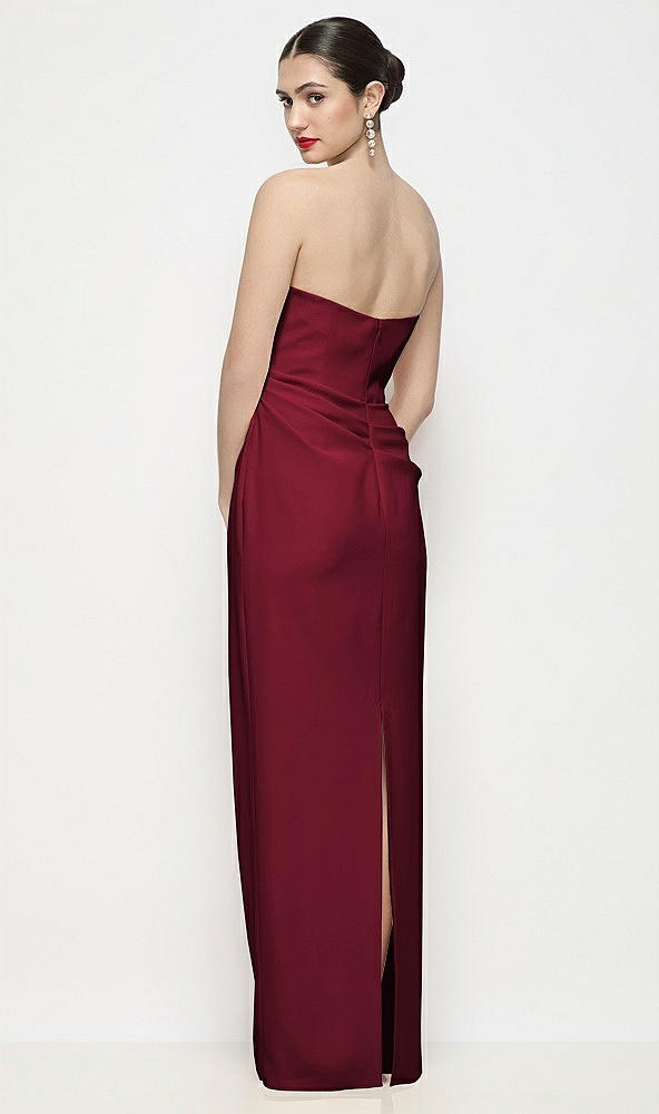 Back View - Burgundy Strapless Asymmertical Drop Waist Corset Maxi Dress with Column Skirt