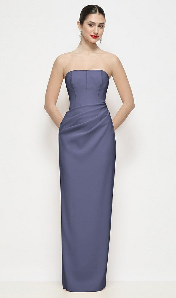 Front View - French Blue Strapless Asymmertical Drop Waist Corset Maxi Dress with Column Skirt