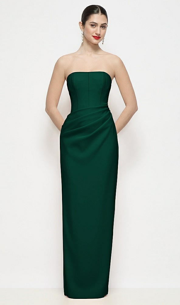 Front View - Hunter Green Strapless Asymmertical Drop Waist Corset Maxi Dress with Column Skirt