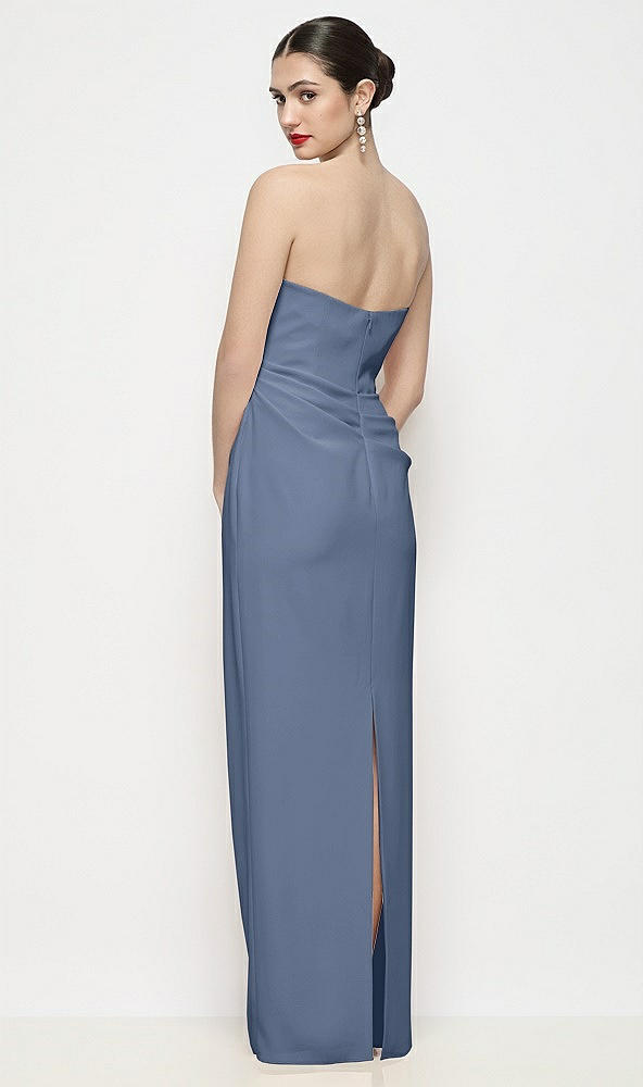 Back View - Larkspur Blue Strapless Asymmertical Drop Waist Corset Maxi Dress with Column Skirt
