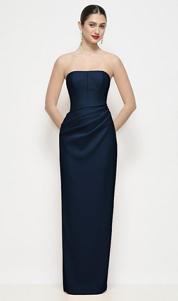 Front View - Midnight Navy Strapless Asymmertical Drop Waist Corset Maxi Dress with Column Skirt