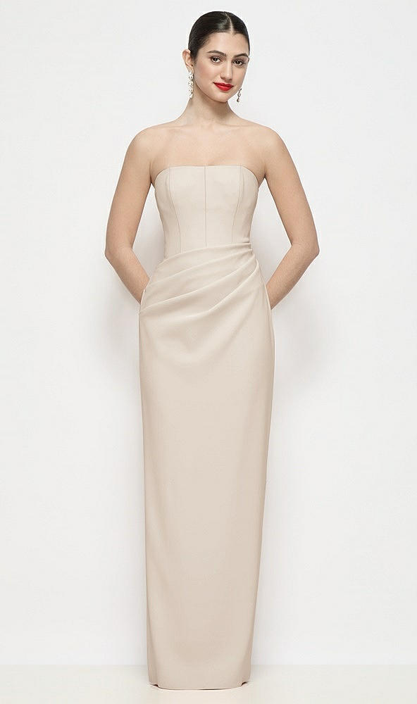 Front View - Oat Strapless Asymmertical Drop Waist Corset Maxi Dress with Column Skirt
