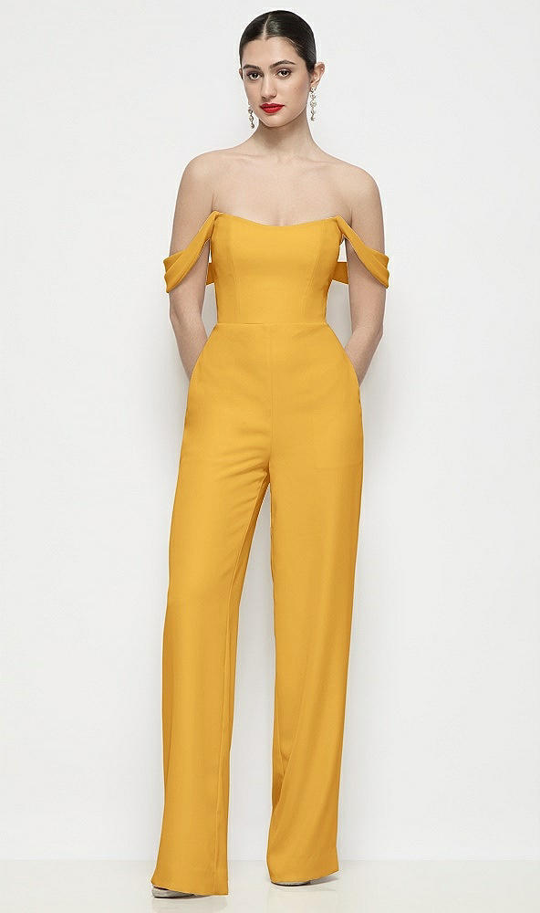 Front View - NYC Yellow Off-the-Shoulder Basque Neck Crepe Wide Leg Formal Jumpsuit