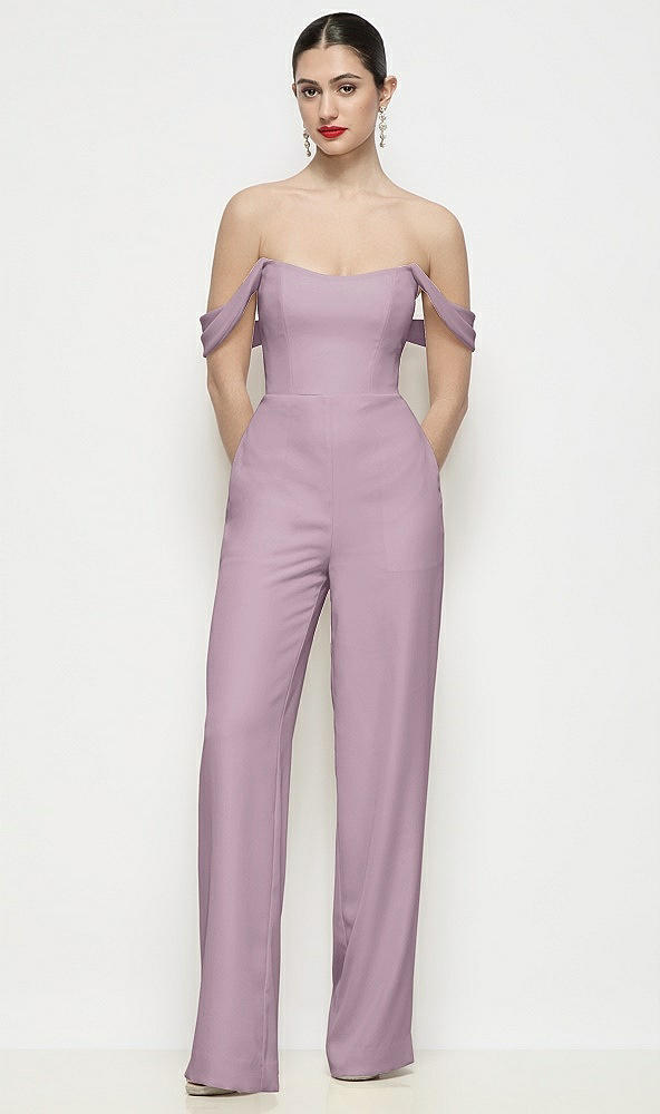 Front View - Suede Rose Off-the-Shoulder Basque Neck Crepe Wide Leg Formal Jumpsuit