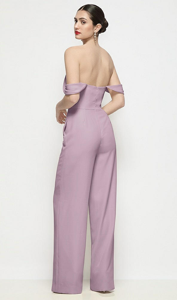 Back View - Suede Rose Off-the-Shoulder Basque Neck Crepe Wide Leg Formal Jumpsuit