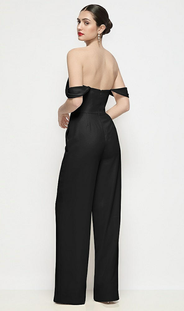 Back View - Black Off-the-Shoulder Basque Neck Crepe Wide Leg Formal Jumpsuit