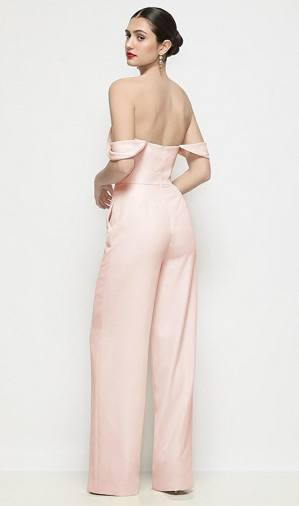 Back View - Blush Off-the-Shoulder Basque Neck Crepe Wide Leg Formal Jumpsuit