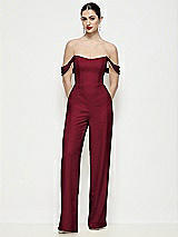 Front View Thumbnail - Burgundy Off-the-Shoulder Basque Neck Crepe Wide Leg Formal Jumpsuit
